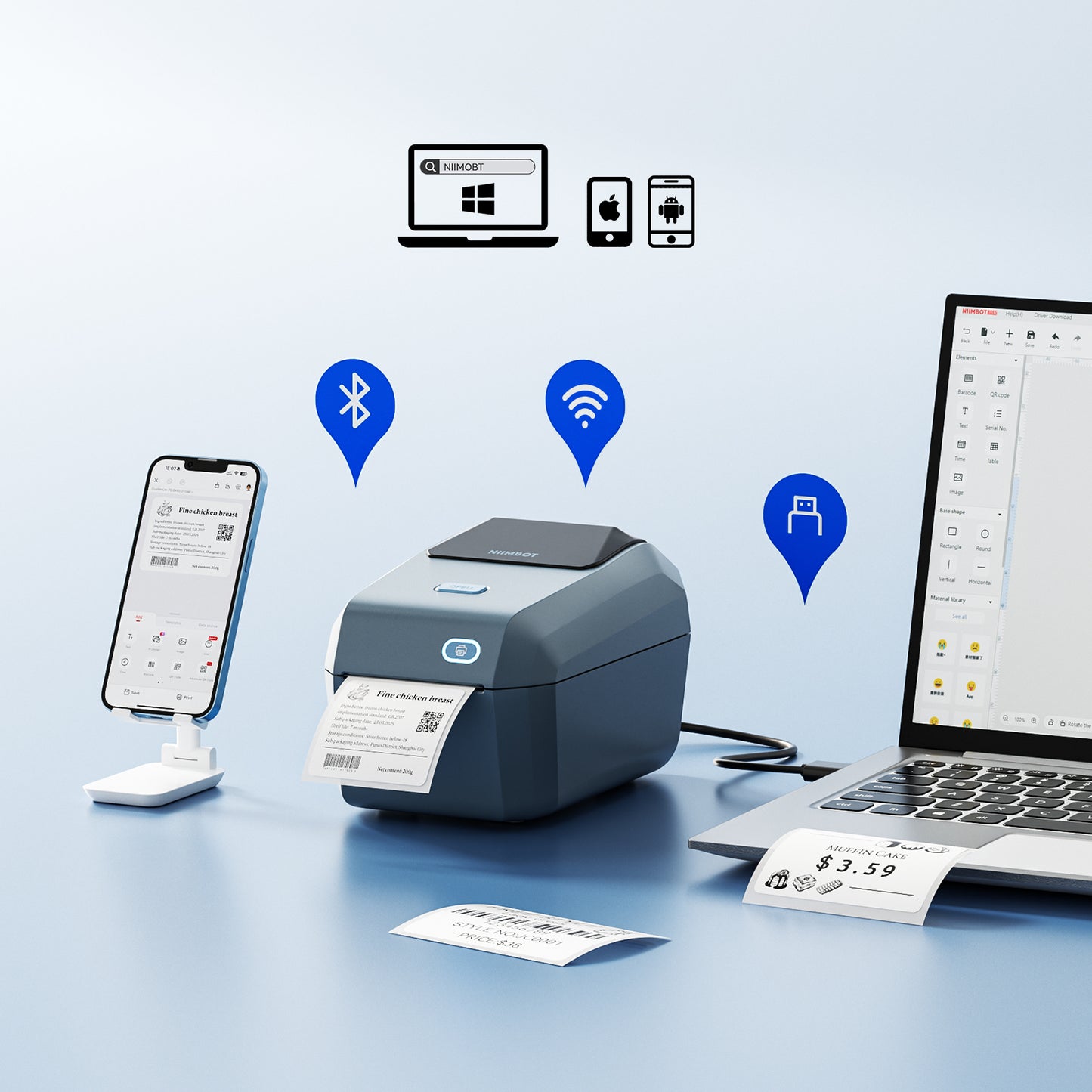 Niimbot K3W - Draadloze Labelprinter - Wifi & Bluetooth - 180 mm/s - 203DPI - Thermisch Printer - Breedte 20-80mm - Geschikt voor Windows, iOS & Android