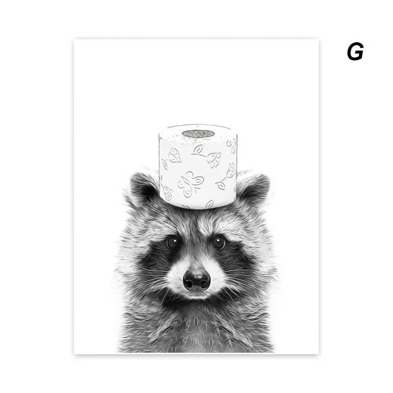 Grappige dieren Kat, Giraffe, Olifant Toiletpapier Badkuip zwart/wit Wall Art