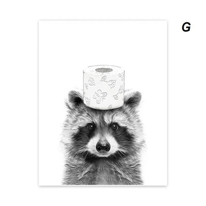 Grappige canvas van dieren Kat, Giraffe, Olifant Toiletpapier Badkuip zwart/wit Wall Art