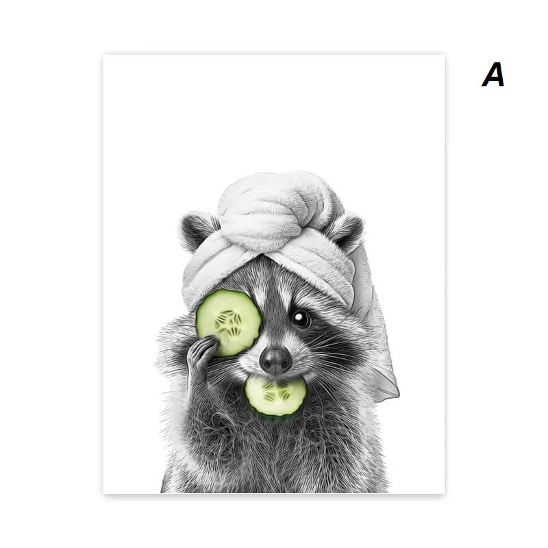 Grappige dieren Kat, Giraffe, Olifant Toiletpapier Badkuip zwart/wit Wall Art