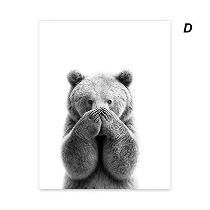 Grappige canvas van dieren Kat, Giraffe, Olifant Toiletpapier Badkuip zwart/wit Wall Art