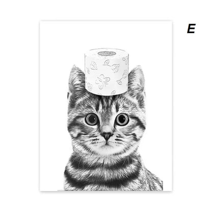 Grappige canvas van dieren Kat, Giraffe, Olifant Toiletpapier Badkuip zwart/wit Wall Art