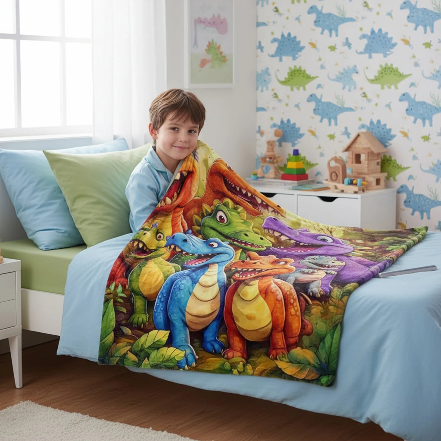 DinoSnuggle™ Smiling Dino Flanellen Deken