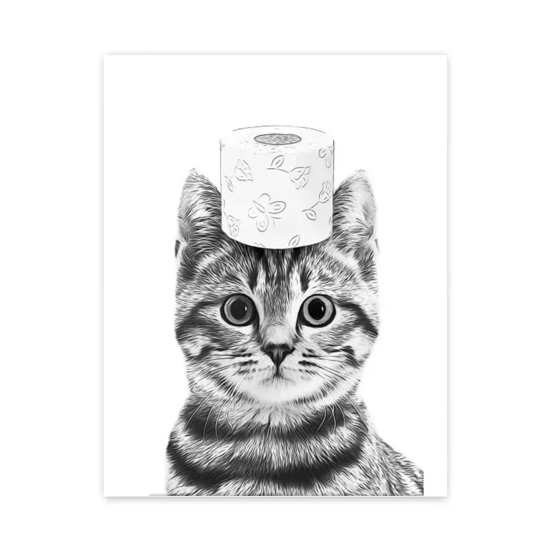 Grappige dieren Kat, Giraffe, Olifant Toiletpapier Badkuip zwart/wit Wall Art