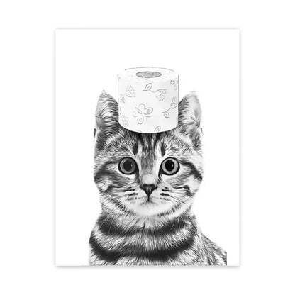 Grappige canvas van dieren Kat, Giraffe, Olifant Toiletpapier Badkuip zwart/wit Wall Art