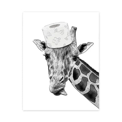 Grappige canvas van dieren Kat, Giraffe, Olifant Toiletpapier Badkuip zwart/wit Wall Art