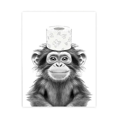 Grappige canvas van dieren Kat, Giraffe, Olifant Toiletpapier Badkuip zwart/wit Wall Art