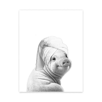 Grappige canvas van dieren Kat, Giraffe, Olifant Toiletpapier Badkuip zwart/wit Wall Art
