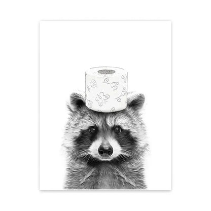 Grappige canvas van dieren Kat, Giraffe, Olifant Toiletpapier Badkuip zwart/wit Wall Art