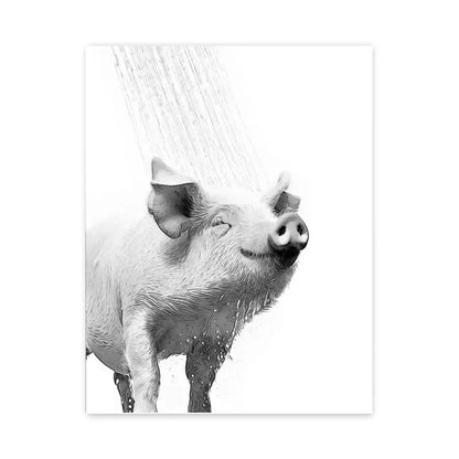Grappige canvas van dieren Kat, Giraffe, Olifant Toiletpapier Badkuip zwart/wit Wall Art