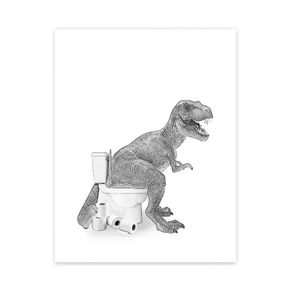 Grappige canvas van dieren Kat, Giraffe, Olifant Toiletpapier Badkuip zwart/wit Wall Art
