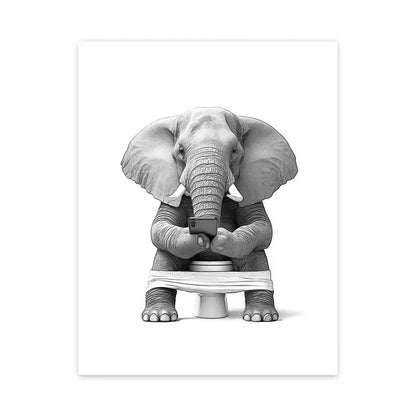 Grappige canvas van dieren Kat, Giraffe, Olifant Toiletpapier Badkuip zwart/wit Wall Art
