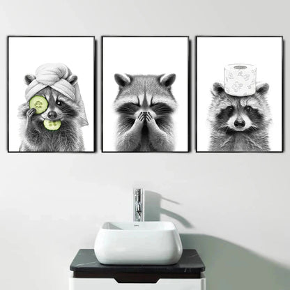 Grappige canvas van dieren Kat, Giraffe, Olifant Toiletpapier Badkuip zwart/wit Wall Art